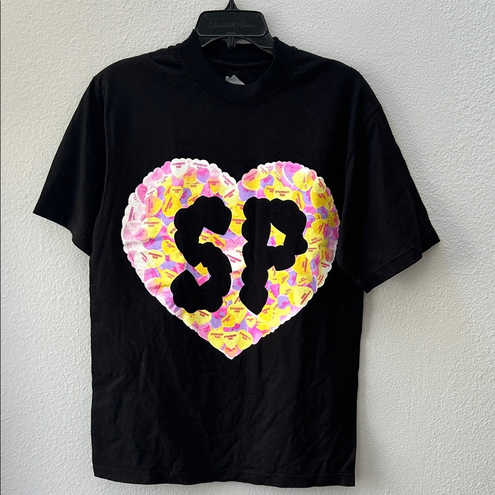Strawberry Park Black Tee with Heart Graphic and 'SP' Small
